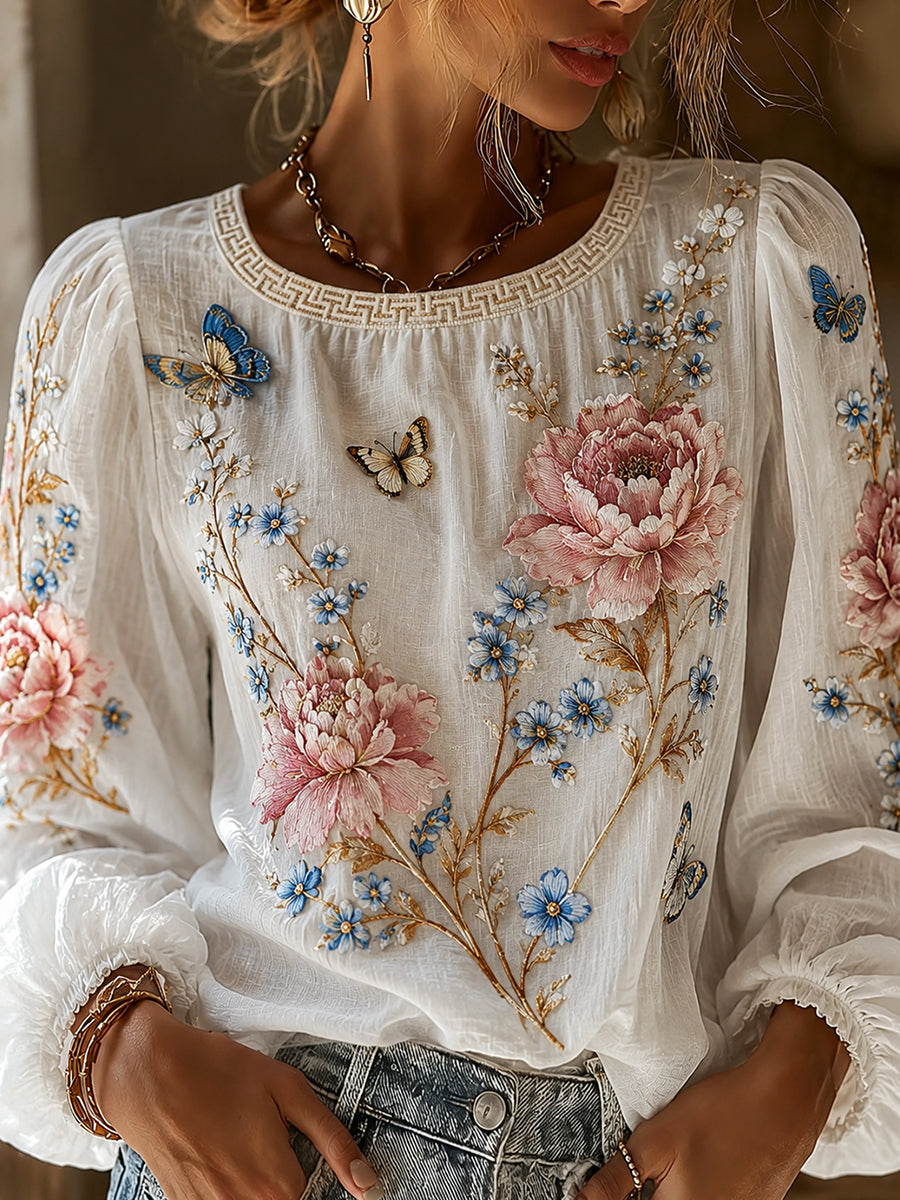 Haut décontracté en coton-lin pour femme, motif floral vintage artistique