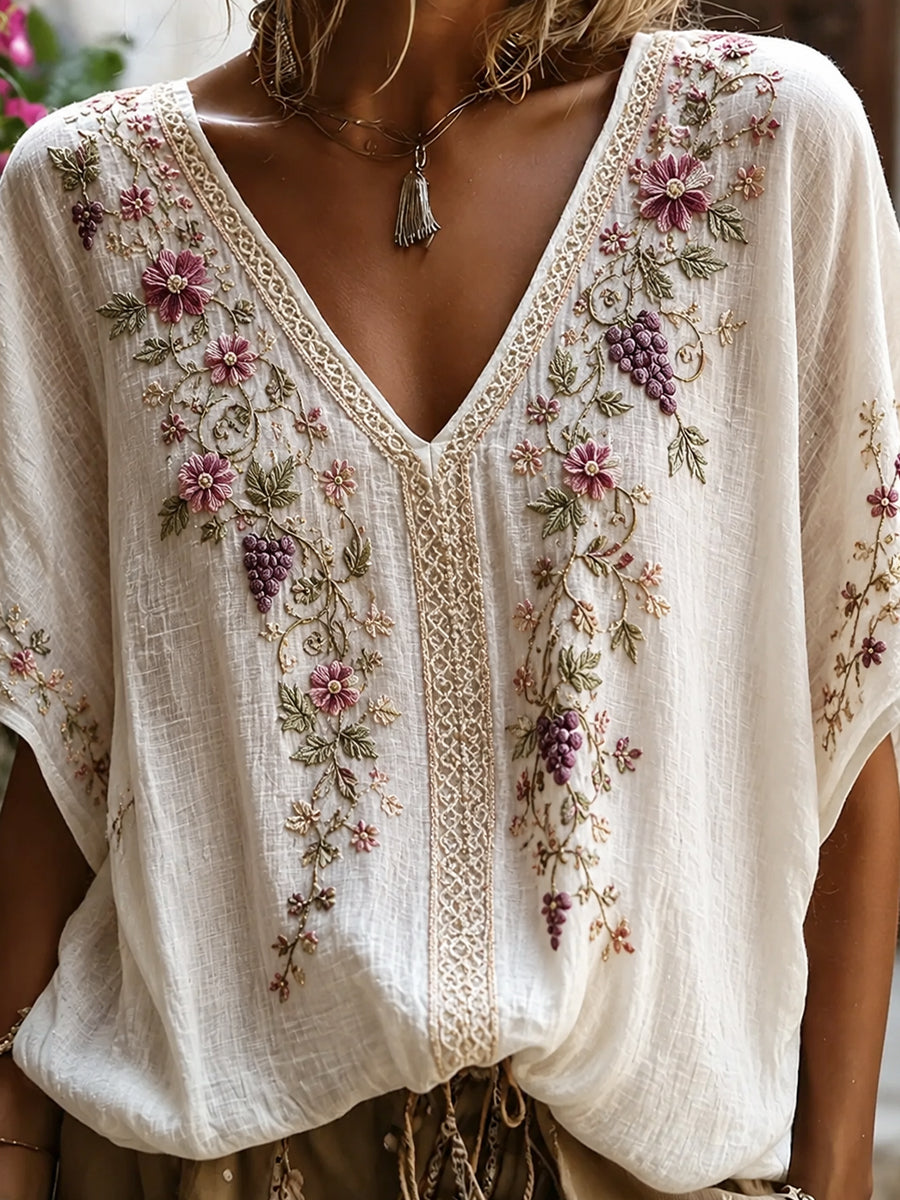 Haut décontracté en coton-lin pour femme, motif floral vintage artistique