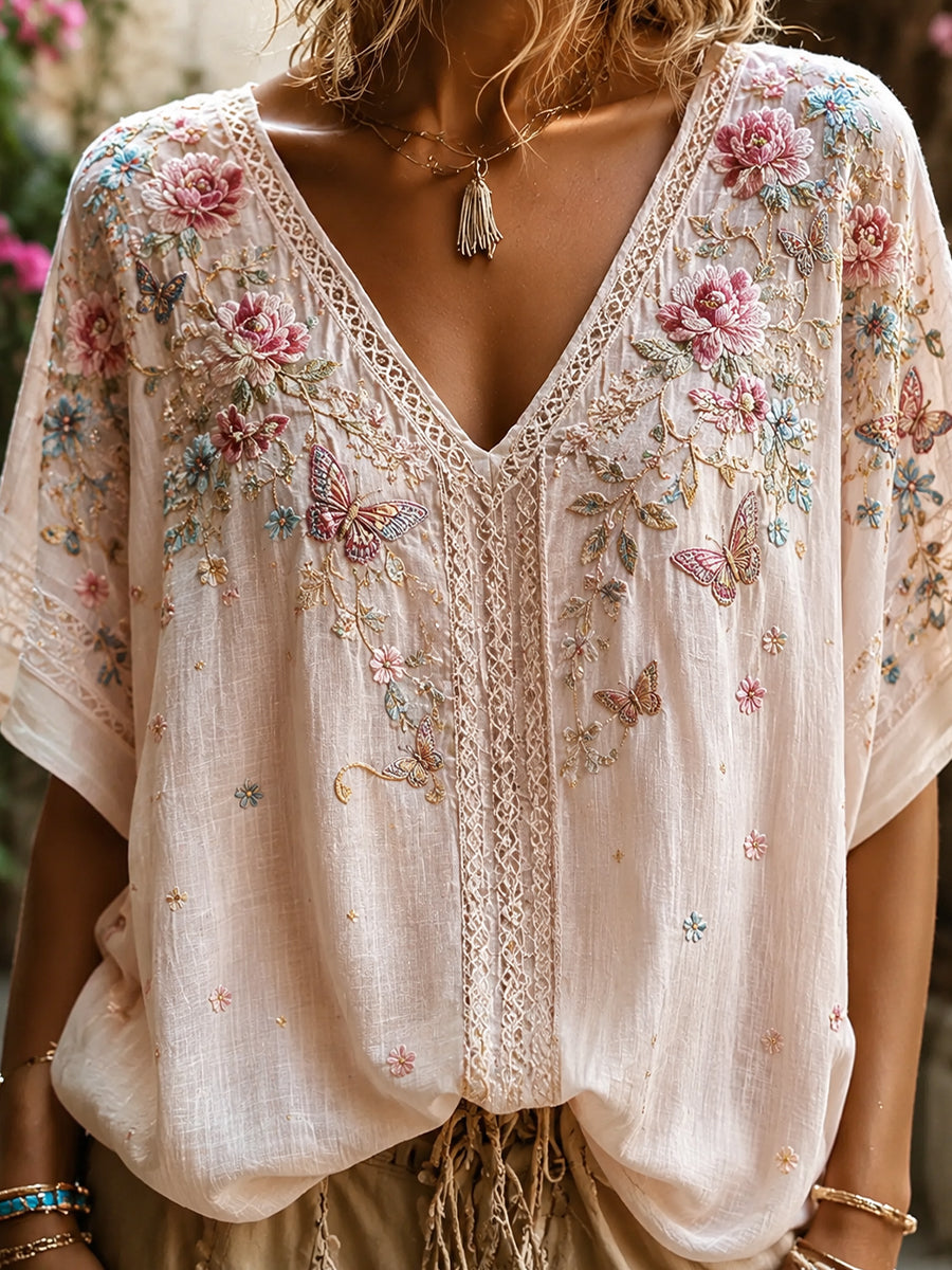 Haut décontracté en coton-lin pour femme, motif floral vintage artistique