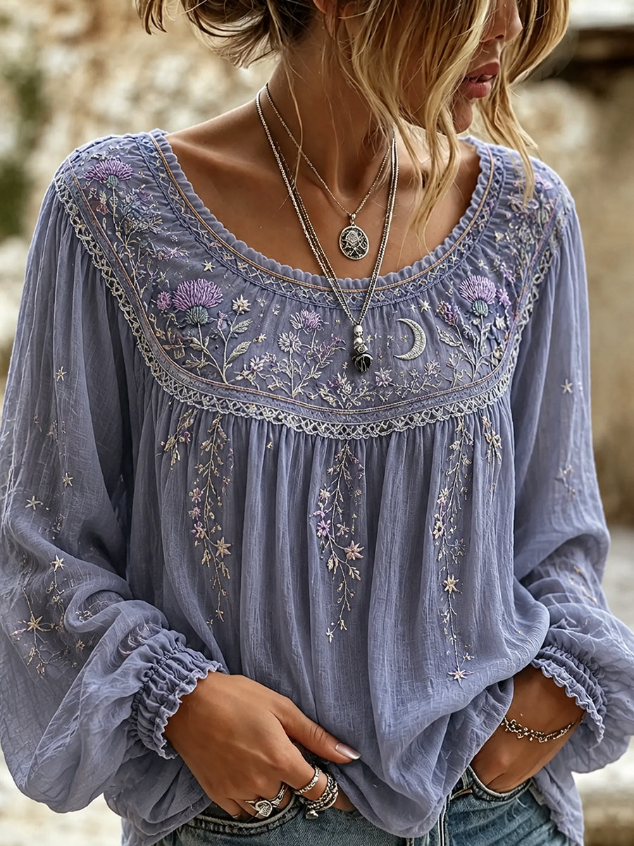 Haut décontracté en coton-lin pour femme, motif floral vintage artistique