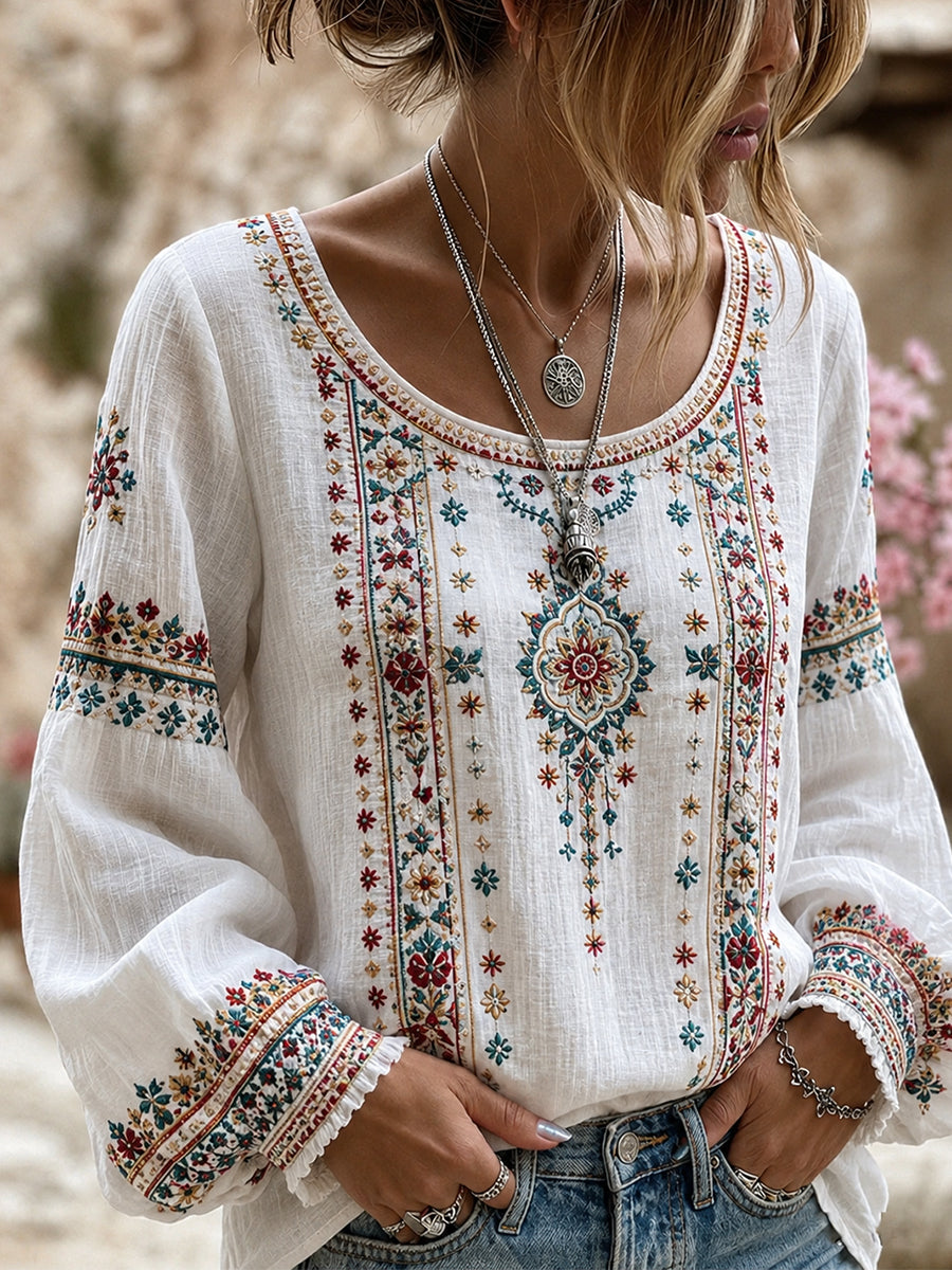 Haut décontracté en coton-lin pour femme, motif floral vintage artistique