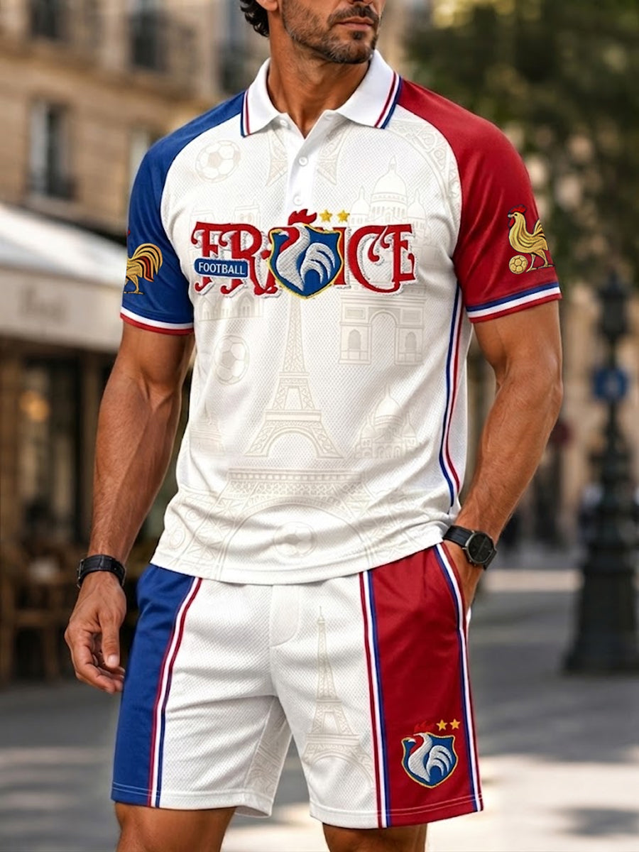 Ensemble décontracté pour homme comprenant un polo et un short en patchwork, style rétro français de football