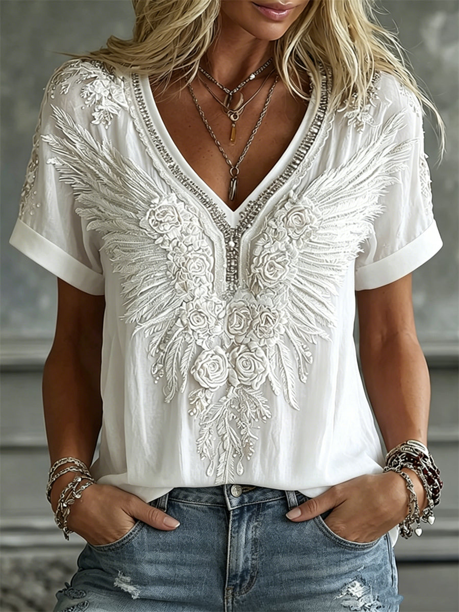 T-shirt à manches courtes en lin Elegant White Roses & Wings Art Print pour femme
