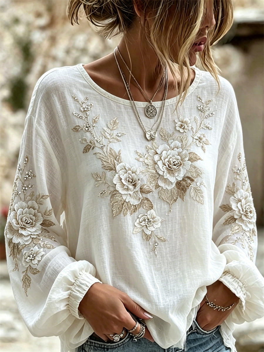 Chemise Femme Classy White Roses Glitter Art Print Coton-Lin