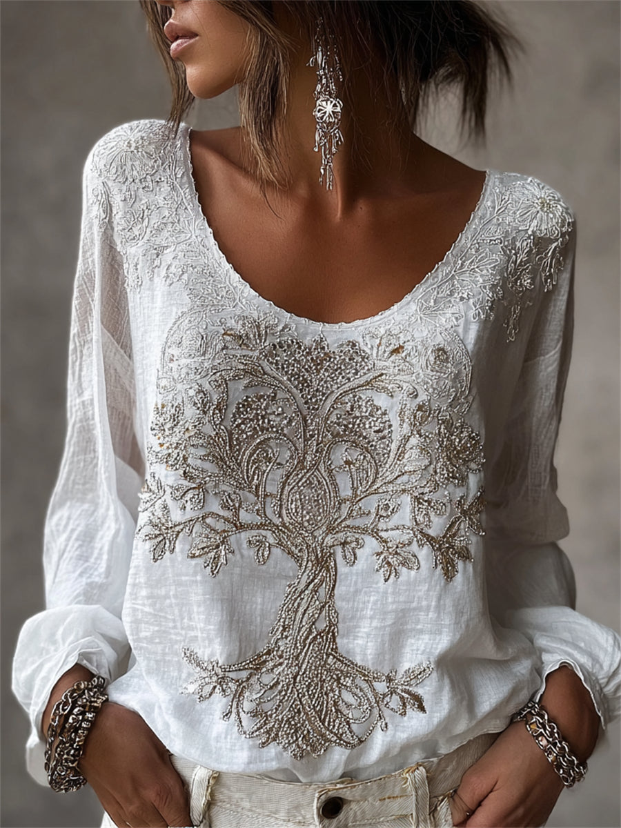 Chemise Femme Classy Viking Arbre de Vie Imprimé Floral Coton-Lin