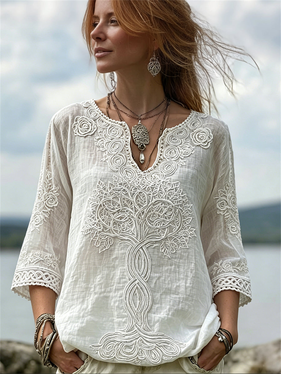 Chemise Femme Classy Viking Arbre de Vie Roses Blanches Imprimées En Coton-Lin