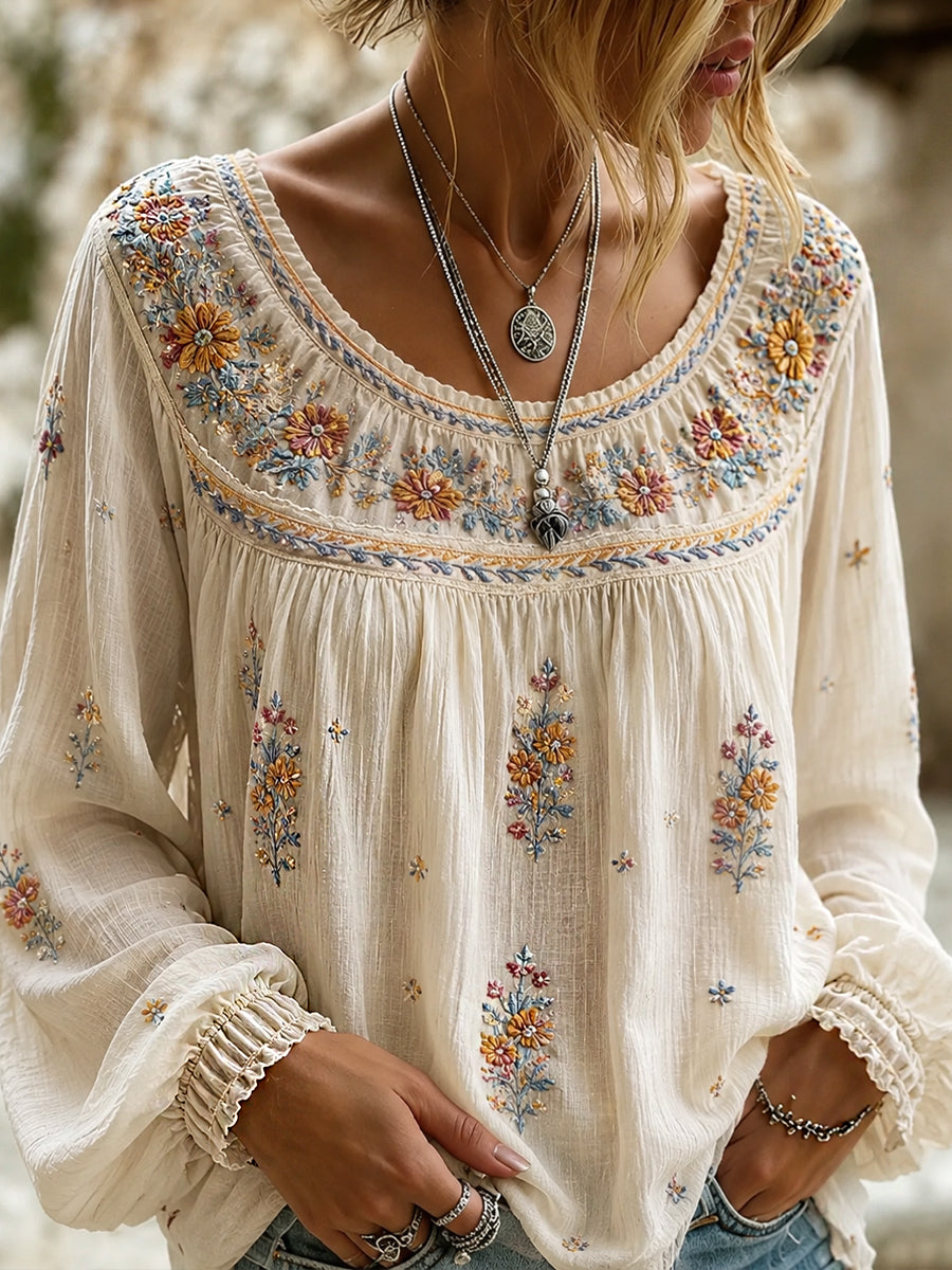 Haut décontracté en coton-lin pour femme, imprimé floral vintage
