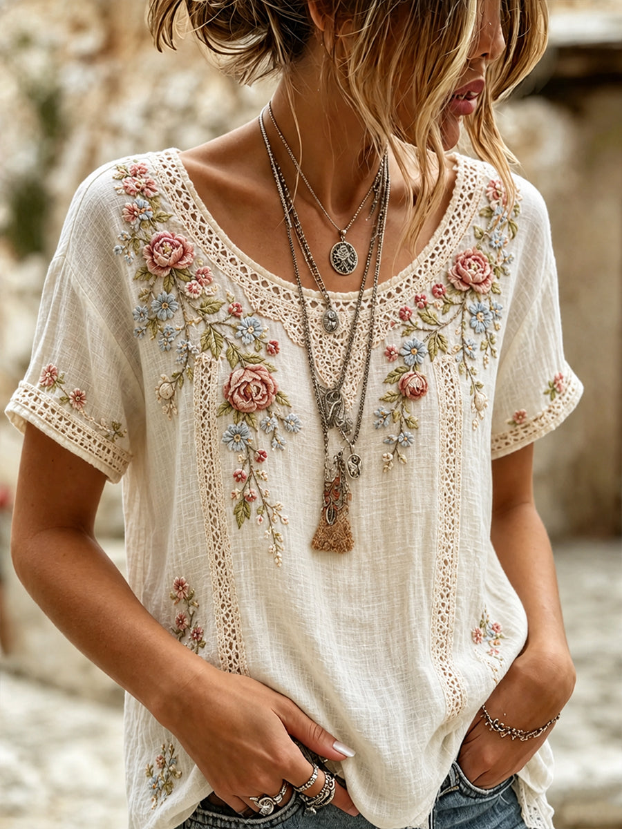Haut décontracté en coton-lin pour femme, imprimé floral vintage