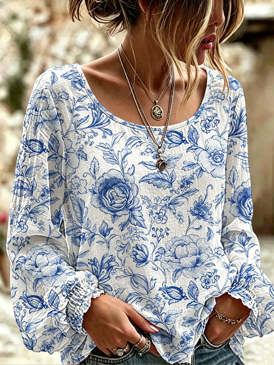 T-shirt décontracté à imprimé floral bleu et blanc pour femme