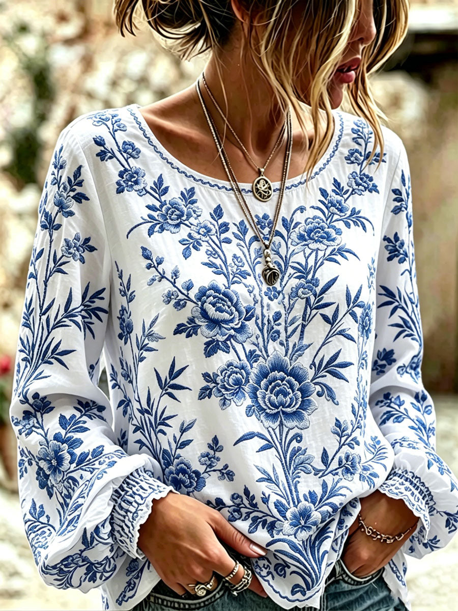 T-shirt décontracté pour femme à imprimé floral bleu et blanc