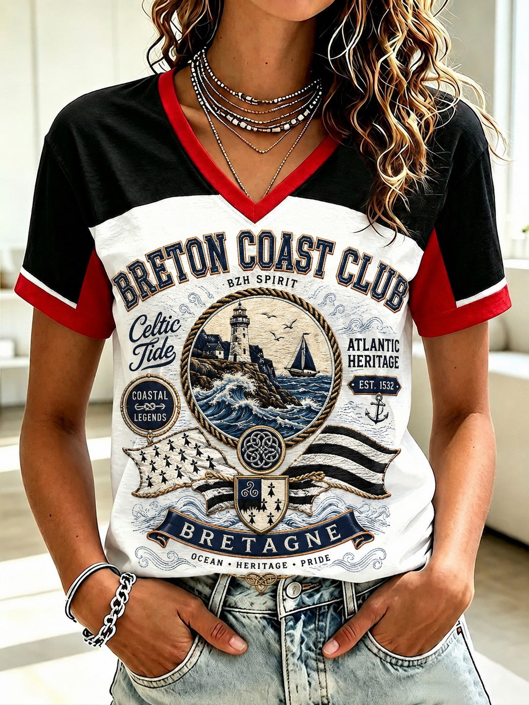 T-shirt à col en V imprimé celtique de Bretagne pour femmes