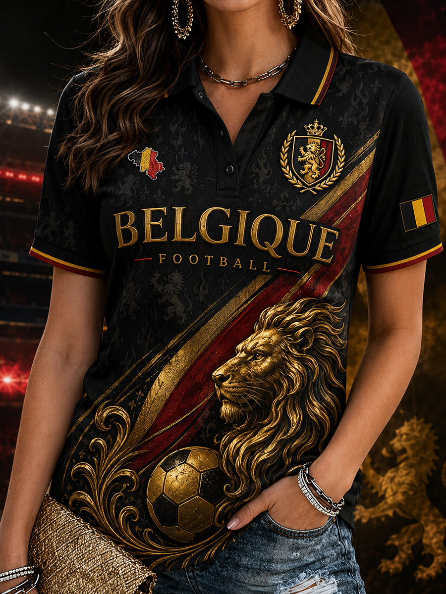 Polo femme à manches courtes avec imprimé lion et ballon de football