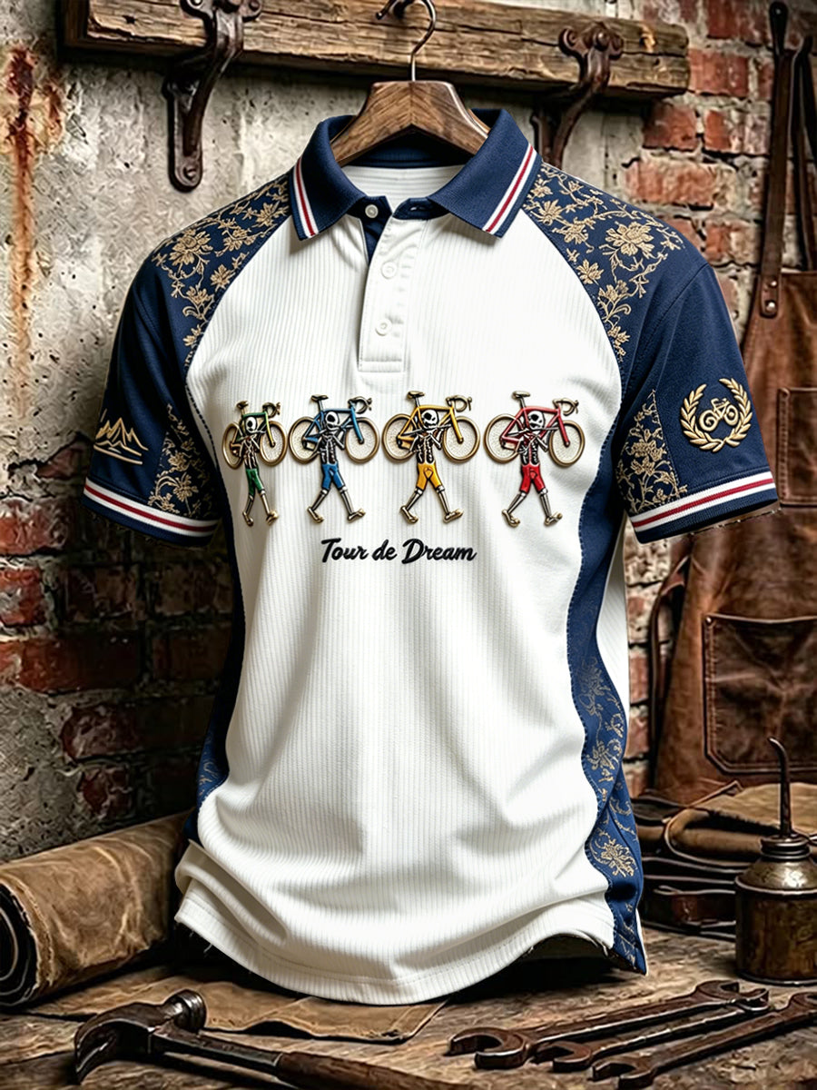 Polo décontracté pour hommes French Cycling Tour 3D Skeleton Patchwork Print