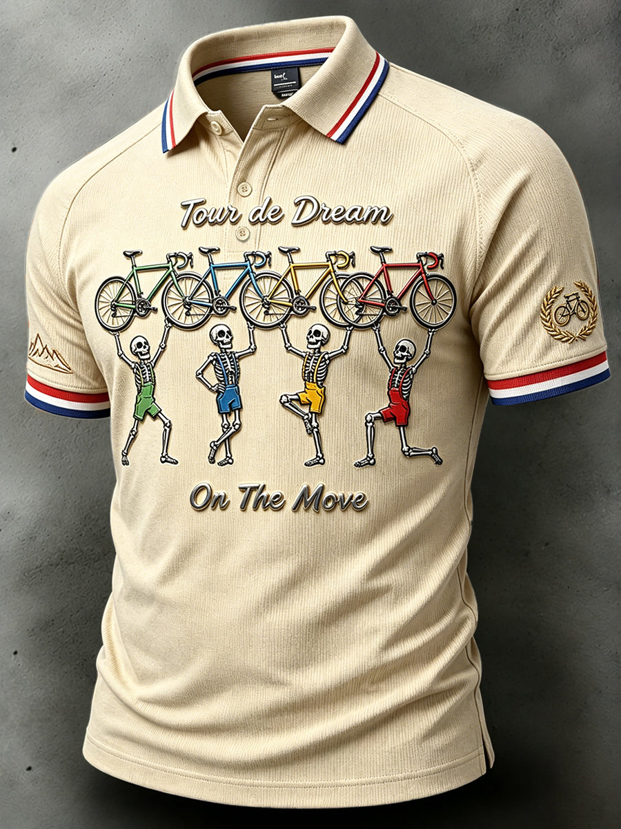 Hommes Vintage Français Cyclisme Tour 3D Squelette Imprimer Polo Casual