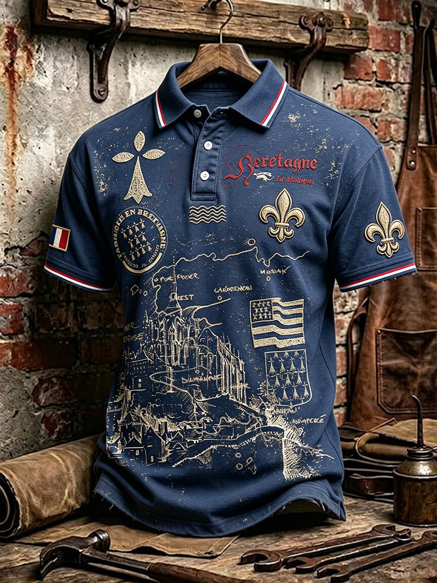 Polo décontracté pour homme, style vintage, bleu marine, imprimé français de la Bretagne et du mont Saint-Michel