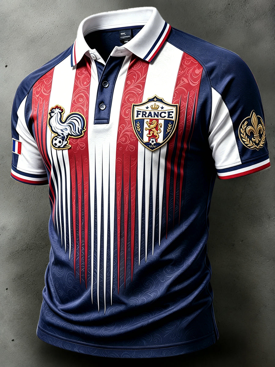 Polo décontracté à imprimé patchwork rayé du football français pour hommes