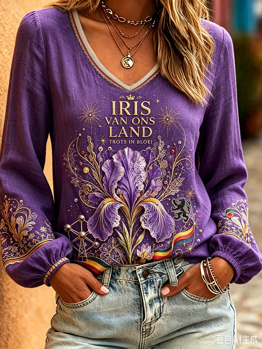 Hauts en lin imprimés Belguim National Day Iris Art pour femmes