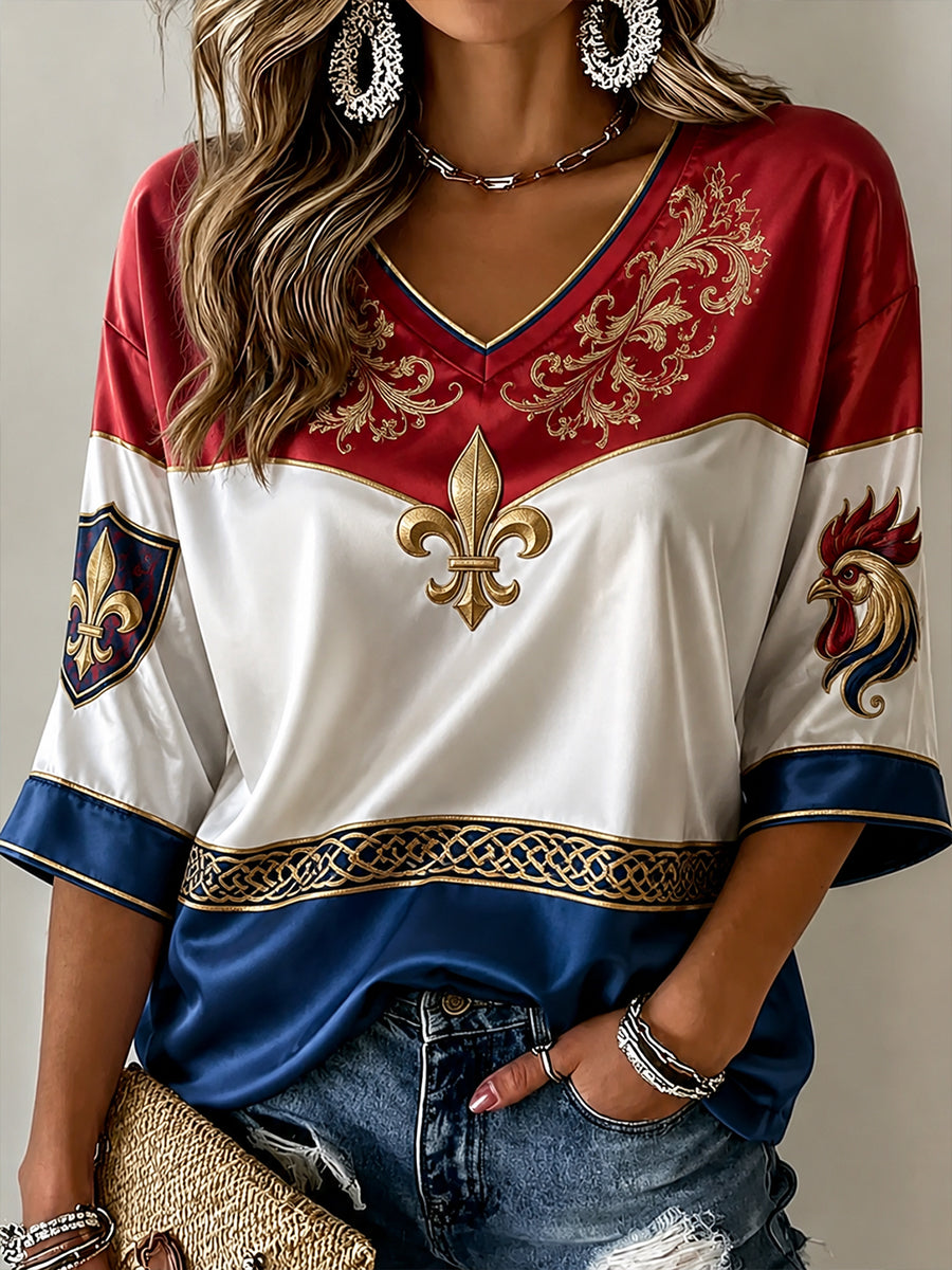 Chemise en lin à col V pour femme, motif France Football