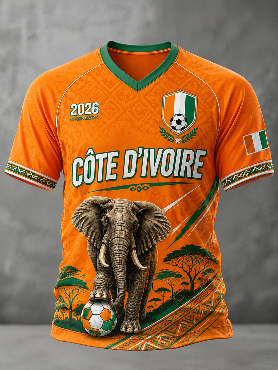 T-shirt à col en V pour homme, motif football et éléphant