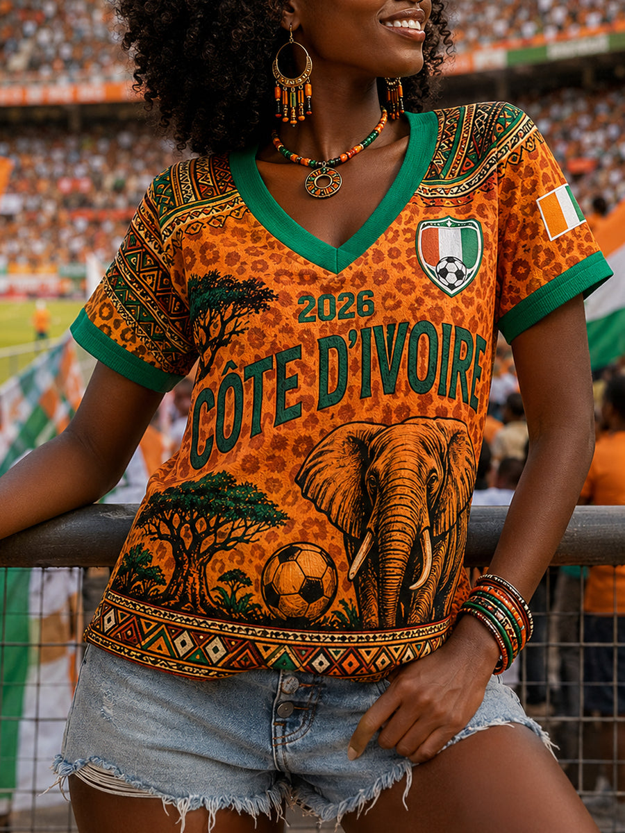 Haut à manches courtes et col en V pour femme, motif football et éléphant