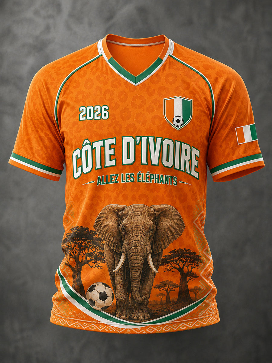T-shirt à col en V pour homme, motif football et éléphant