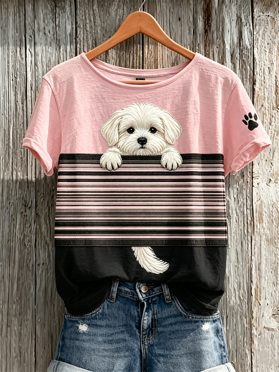T-shirt à manches courtes pour femmes, imprimé color-block avec un petit chien maltais qui fait coucou