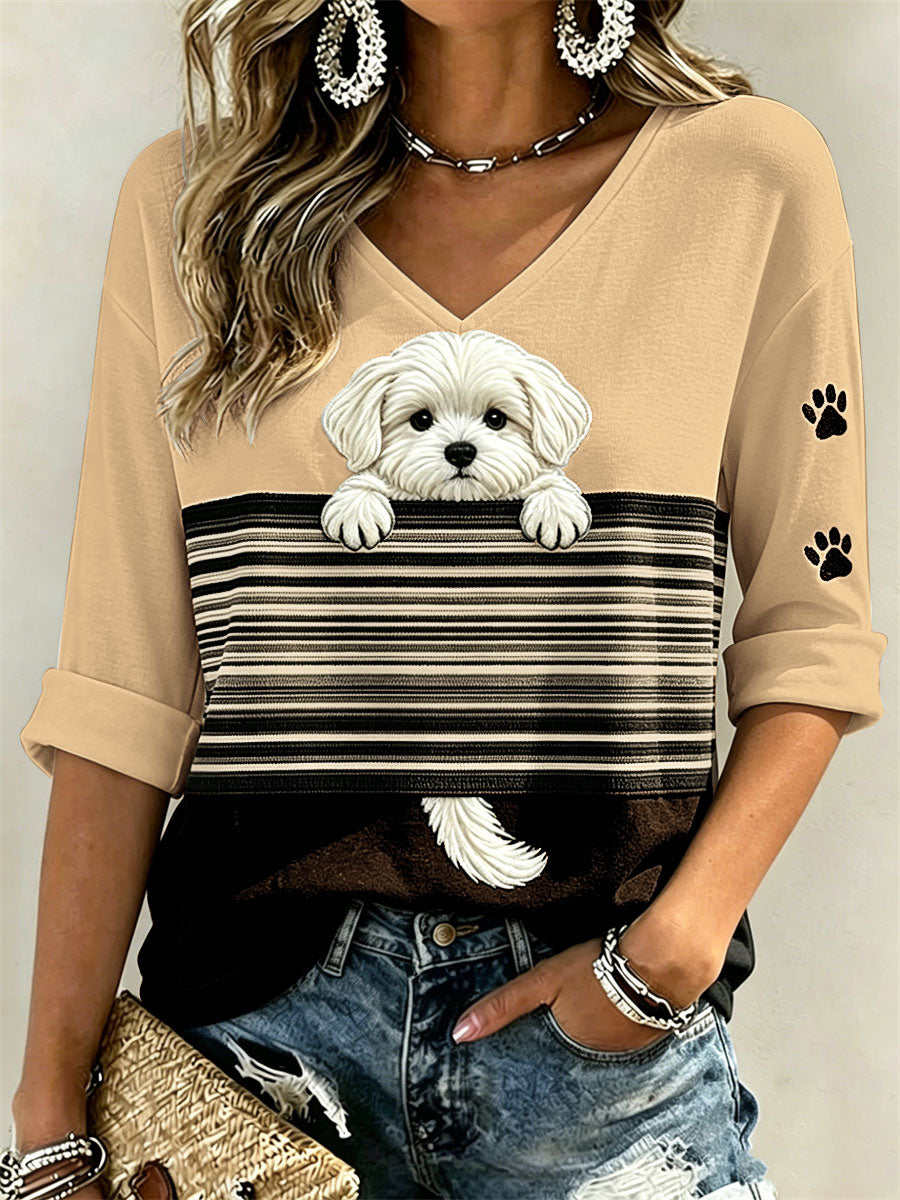 T-shirt à manches mi-longues et col en V pour femme, motif color-block avec un petit maltais qui fait coucou et des empreintes de pattes