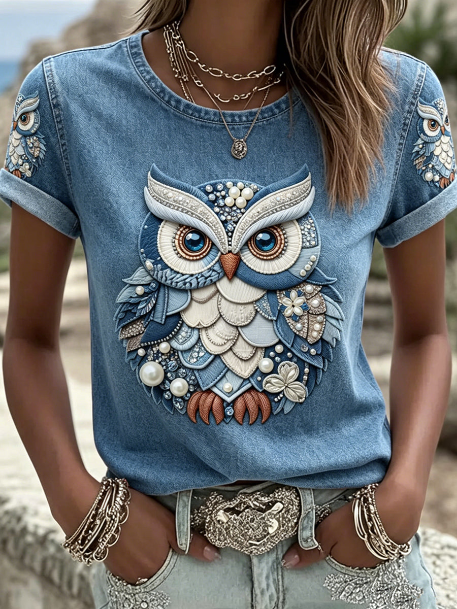 Retro Animal Owl imprimé Vintage Fashion lâche T-shirt à manches courtes des femmes