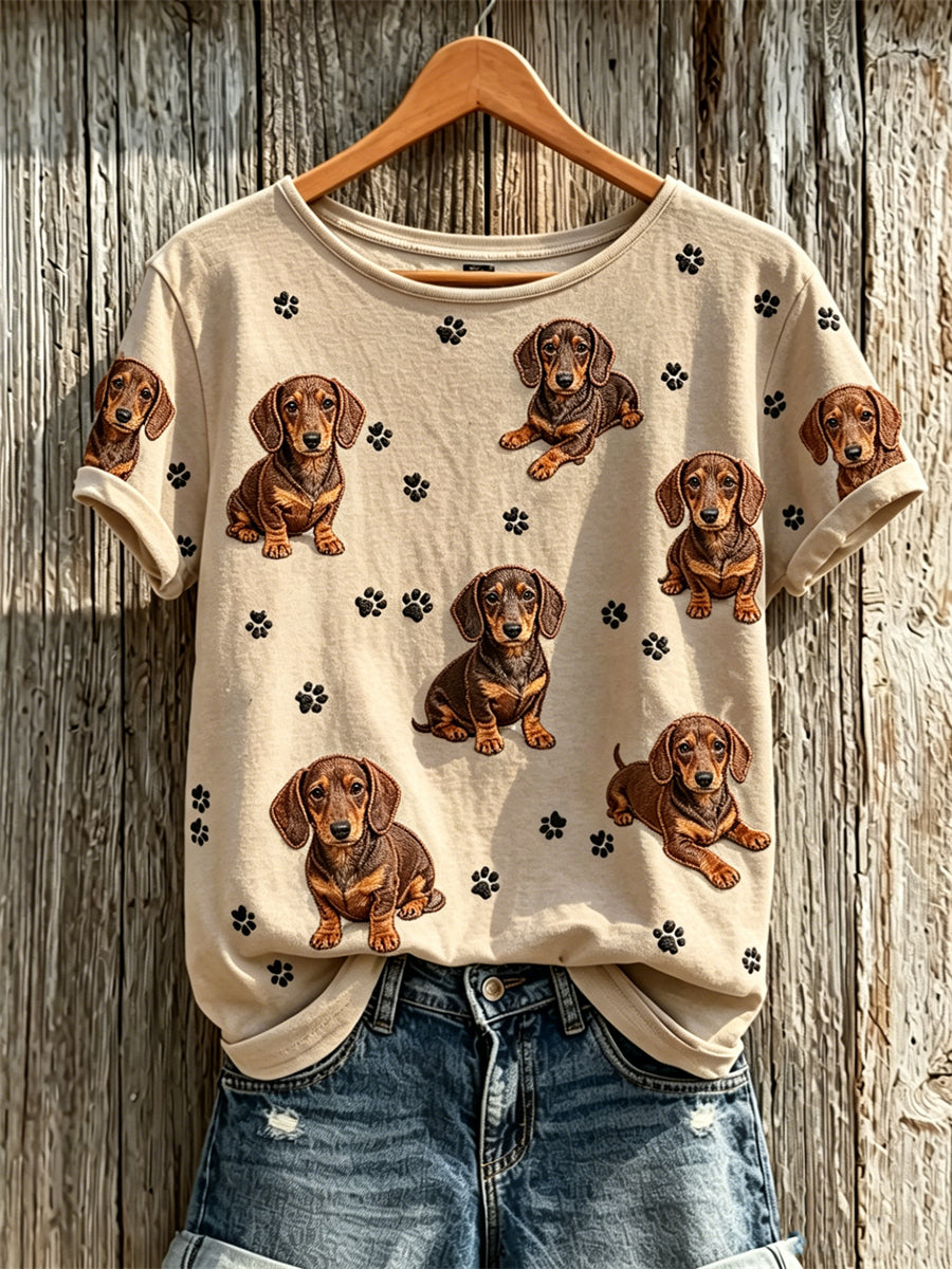 T-shirt à manches courtes pour femme, motif dachshunds et empreintes de pattes