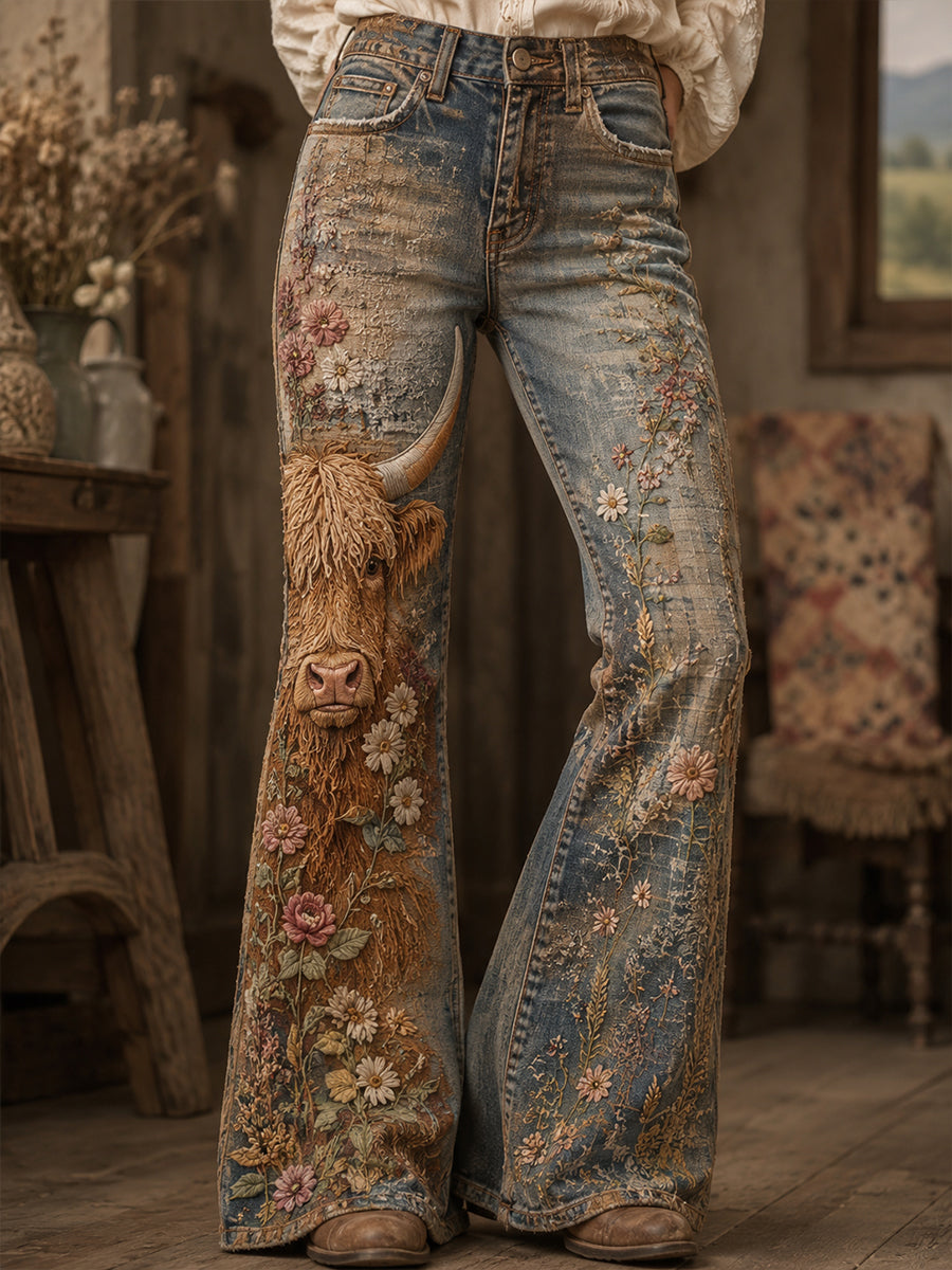 Pantalon évasé femme Vintage Highland vache Art Print