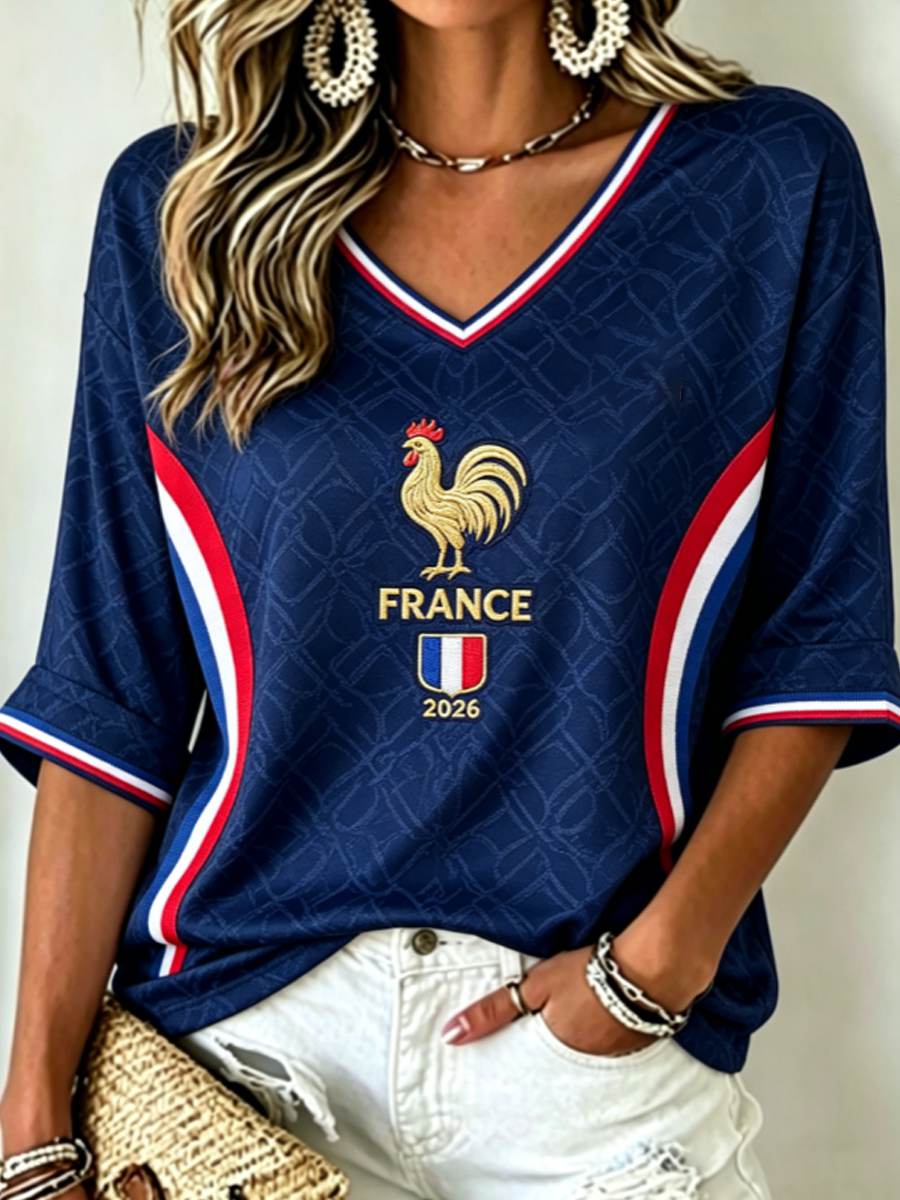 T-shirt femme à manches mi-longues et col en V