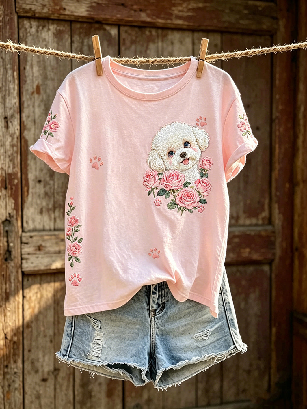 T-shirt décontracté à manches courtes pour femme, imprimé d’un mignon motif de chien