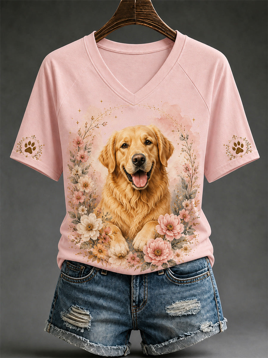T-shirt décontracté à col en V pour femmes, imprimé chien rétro