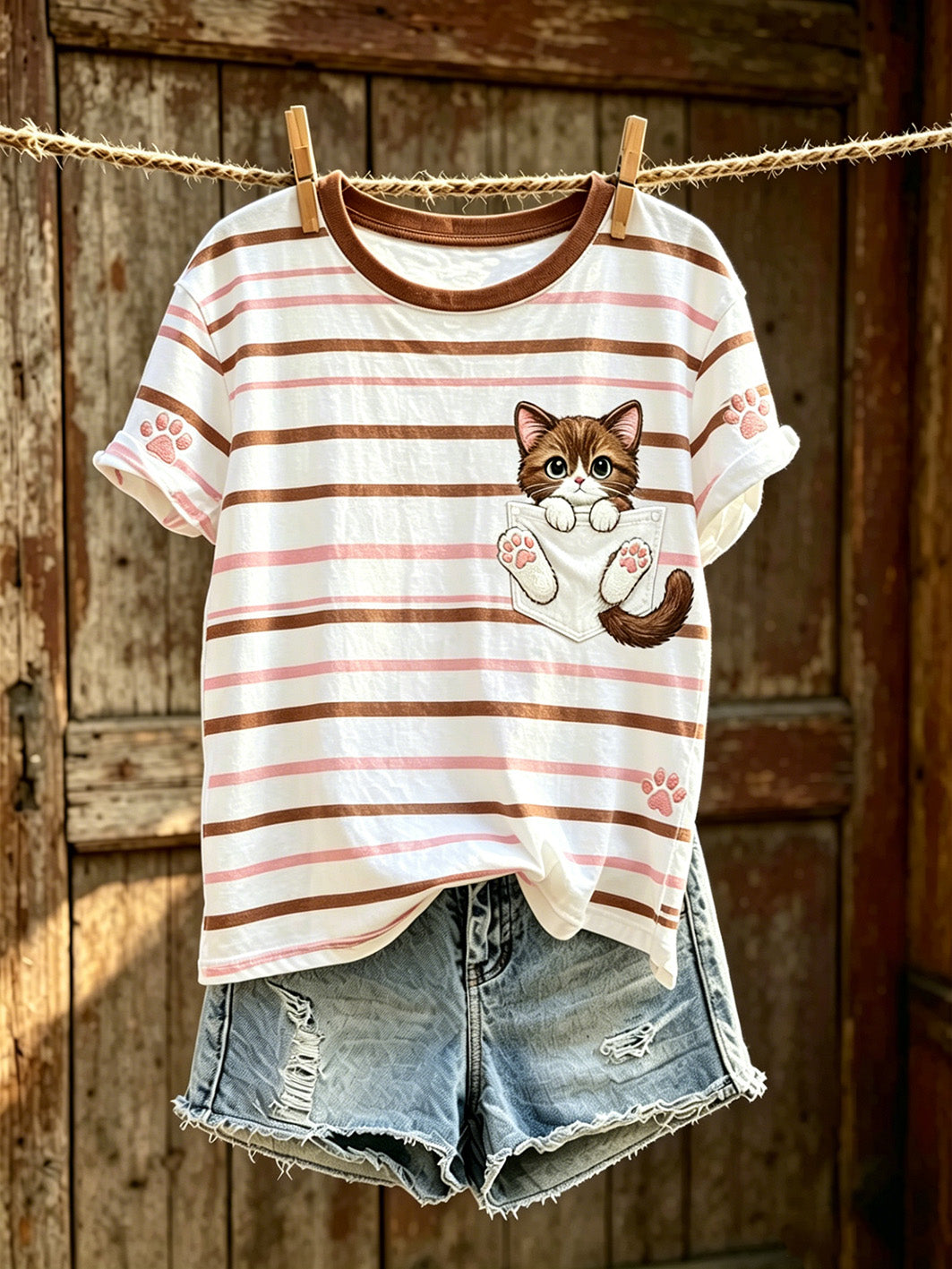 T-shirt à manches courtes décontracté imprimé motif chat pour femme