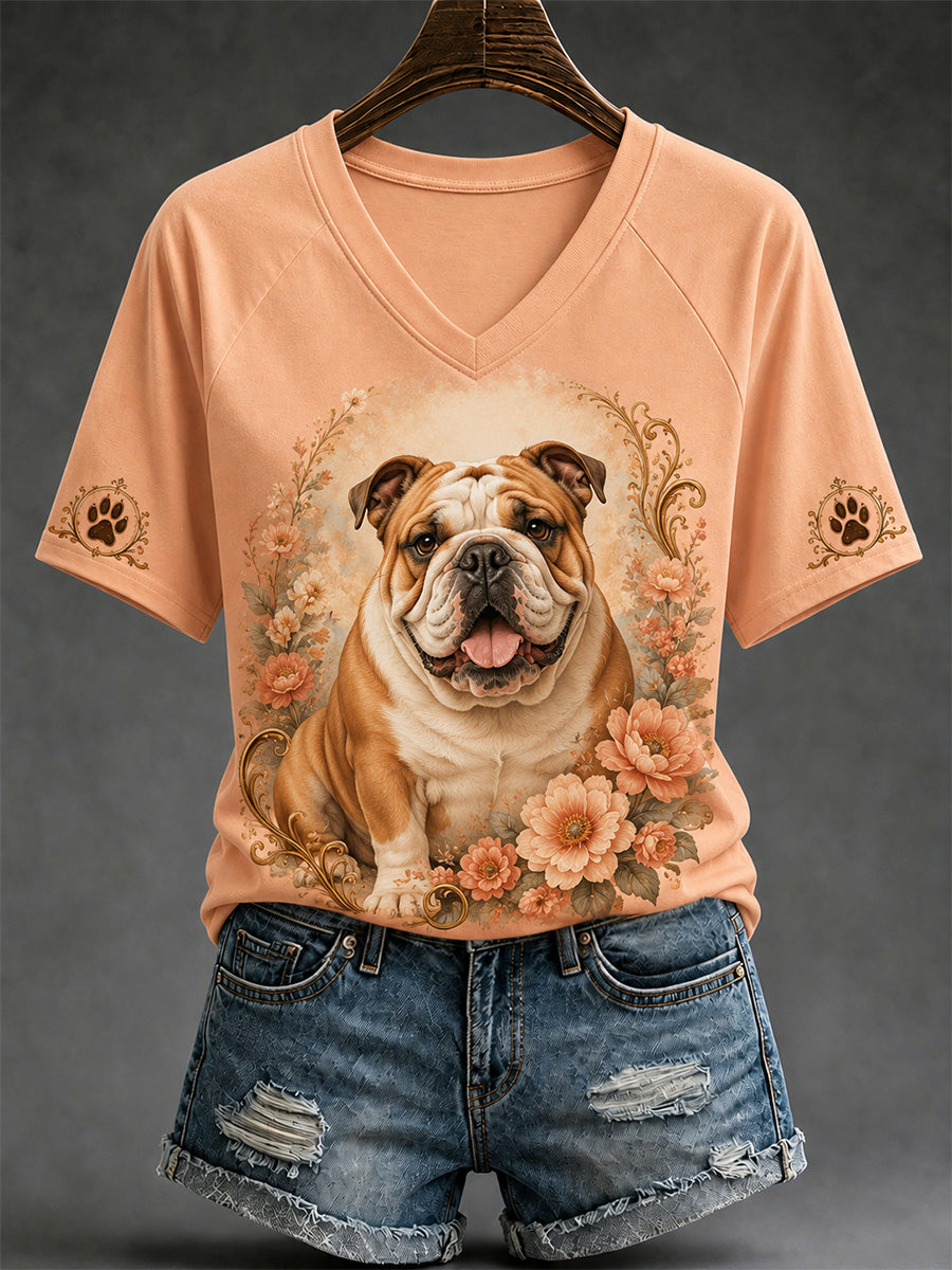 T-shirt décontracté à col en V pour femmes, imprimé chien rétro