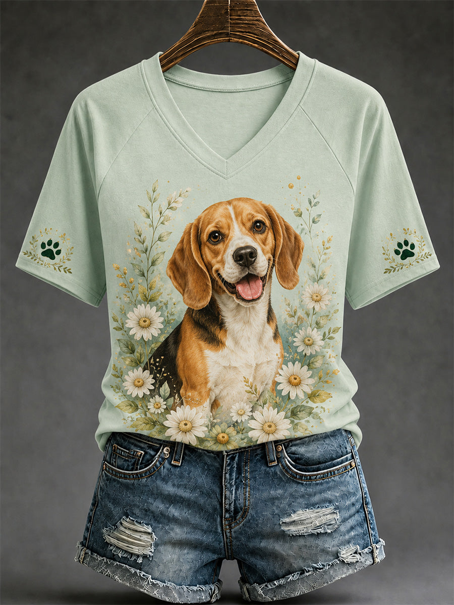 T-shirt décontracté à col en V pour femmes, imprimé chien rétro