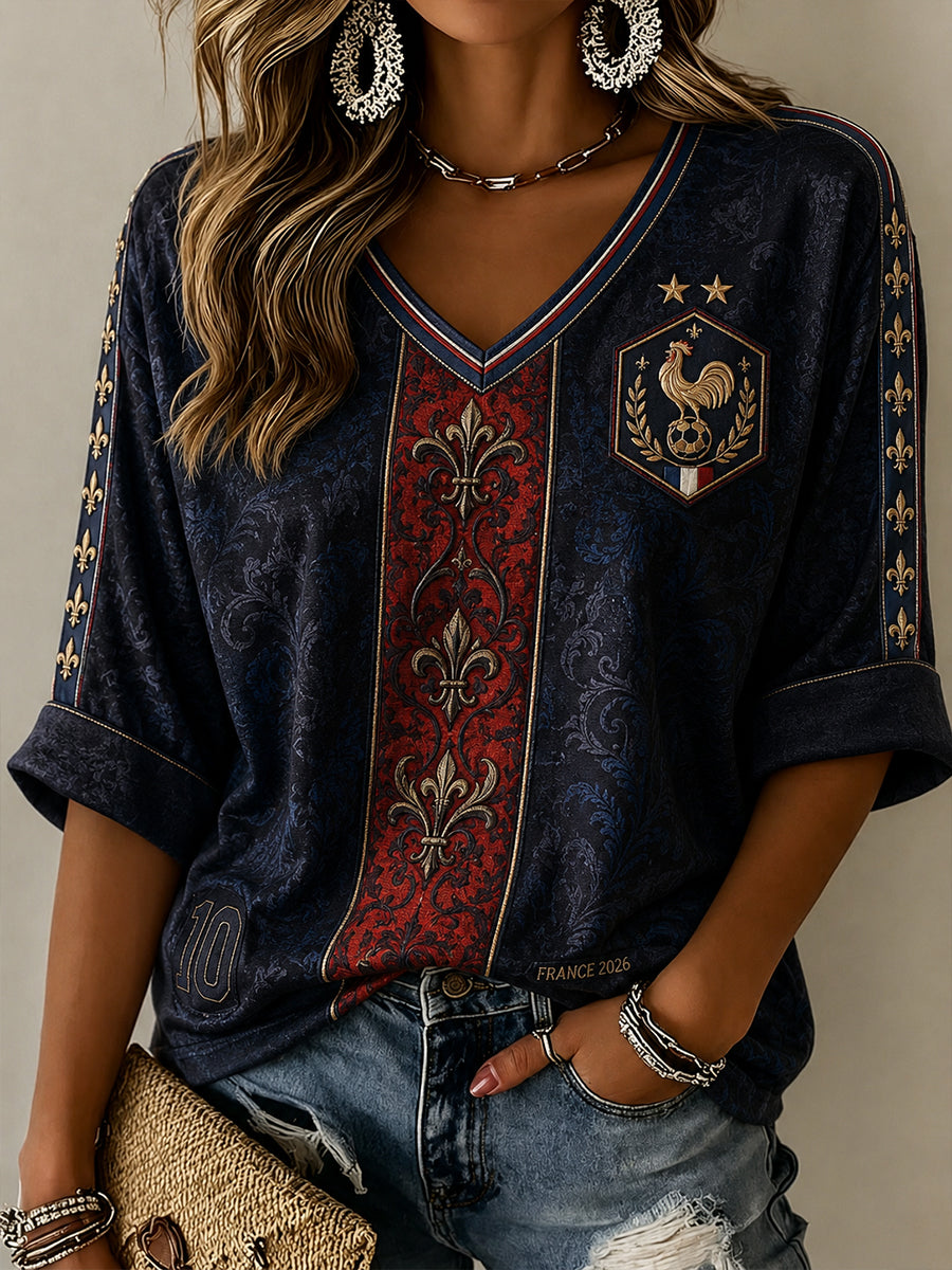 Chemise à col en V en lin à motif France Football pour femme