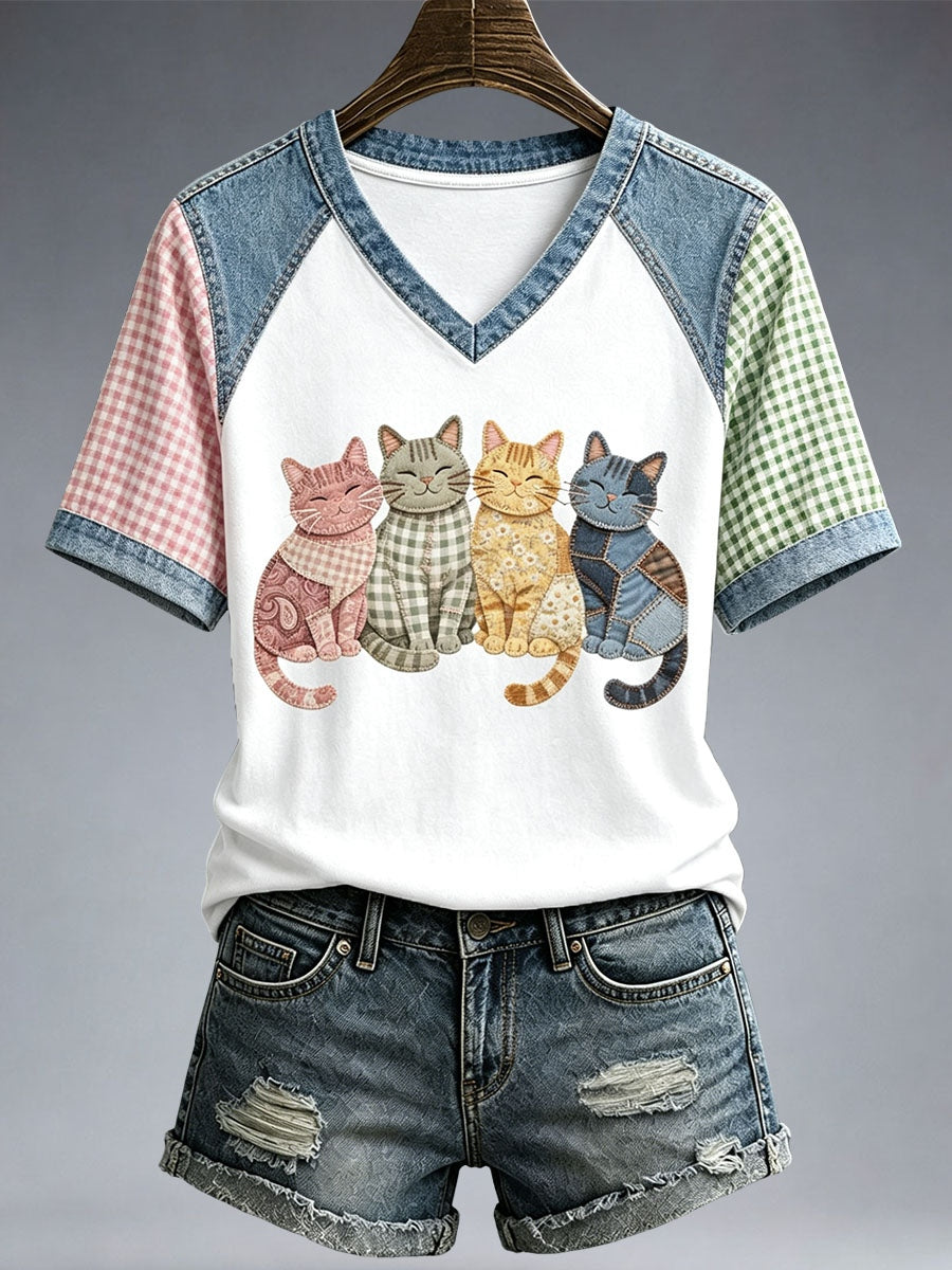T-shirt femme à l’art patchwork de chat adorable