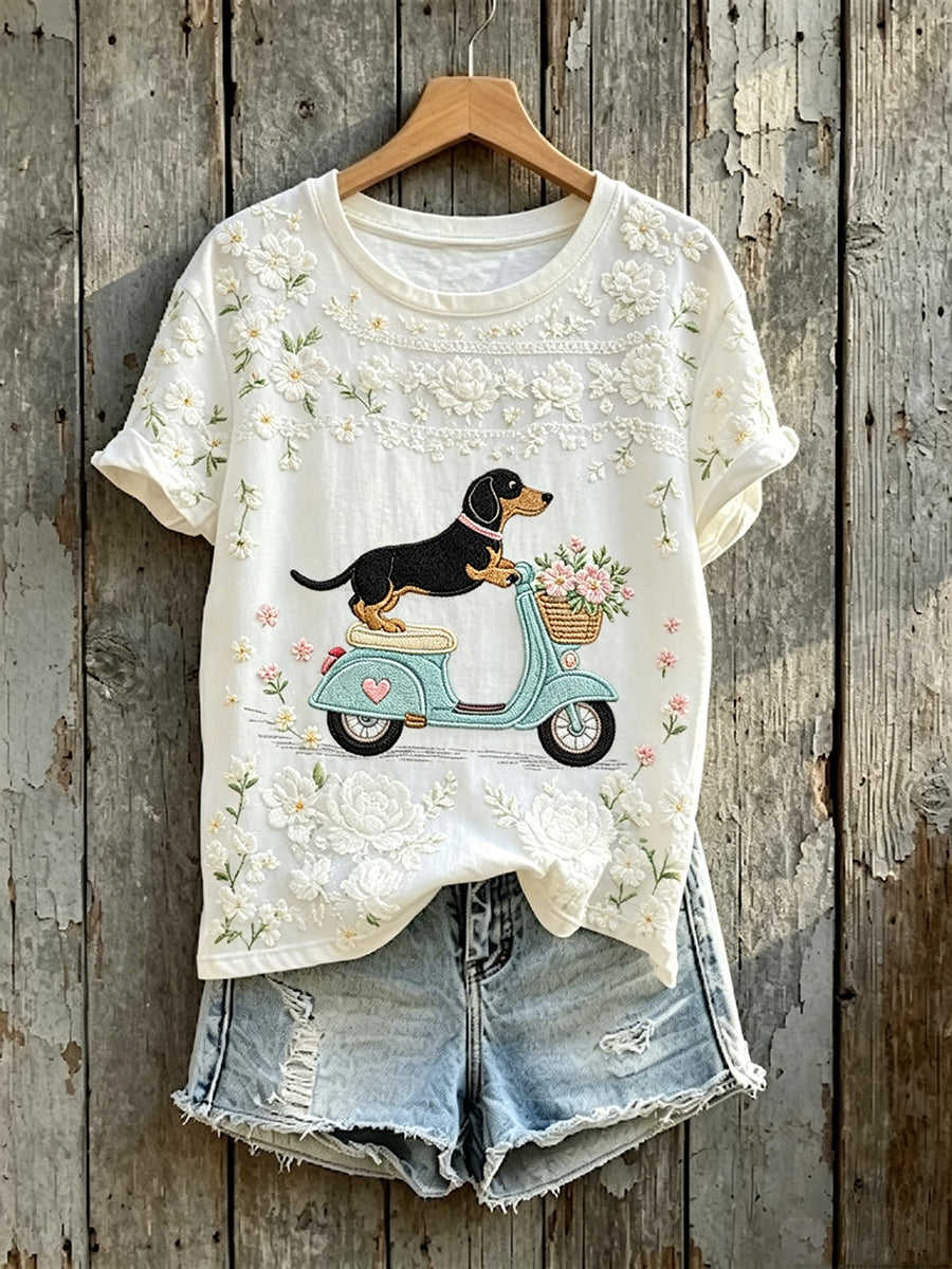 T-shirt à manches courtes à imprimé floral Teckel Scooter Art pour femmes