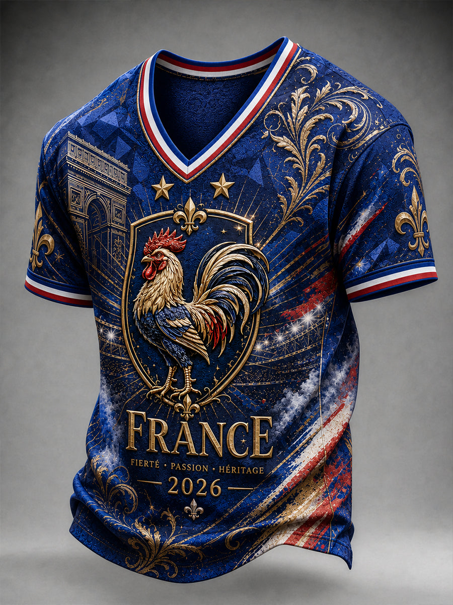 T-shirt à col en V pour homme, motif football français
