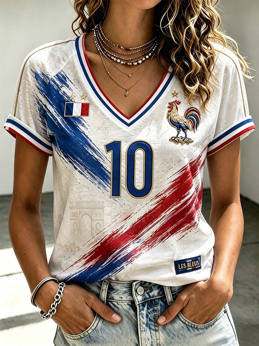 T-shirt français de football pour femme, col en V, épaules dénudées, manches courtes