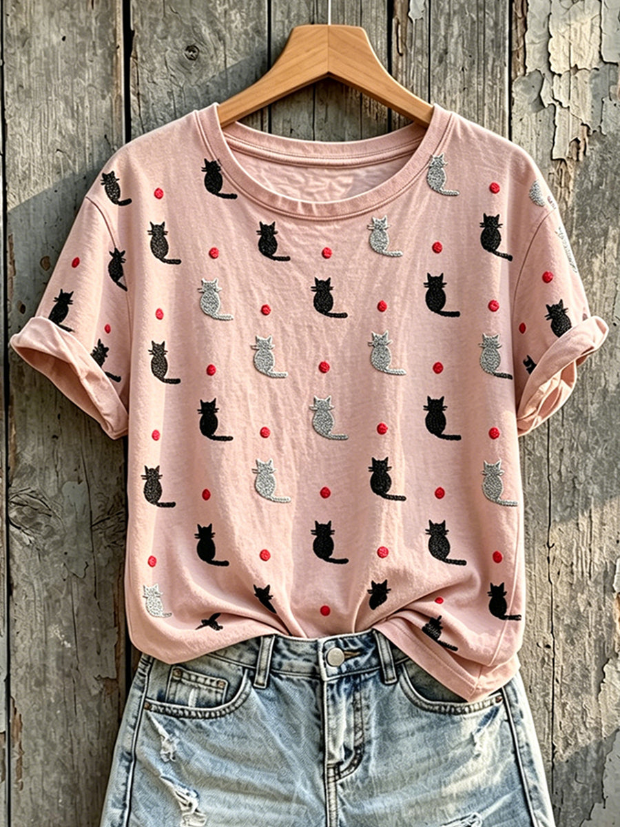 T-shirt à manches courtes Lovely Cats Print pour femmes