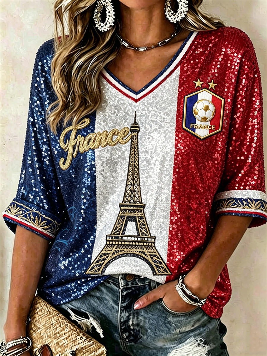 T-shirt à col en V à manches mi-longues pour femmes France Football Tower Flag Colorblock Glitter Print