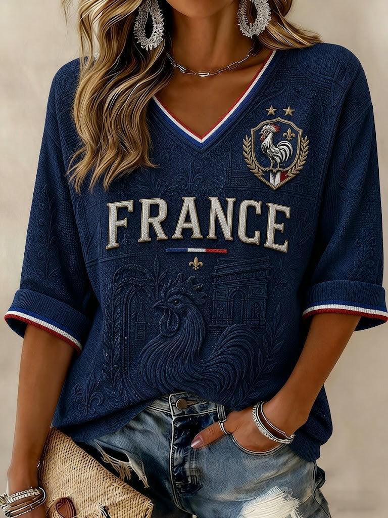 T-shirt femme France Football à manches mi-longues et col en V imprimé
