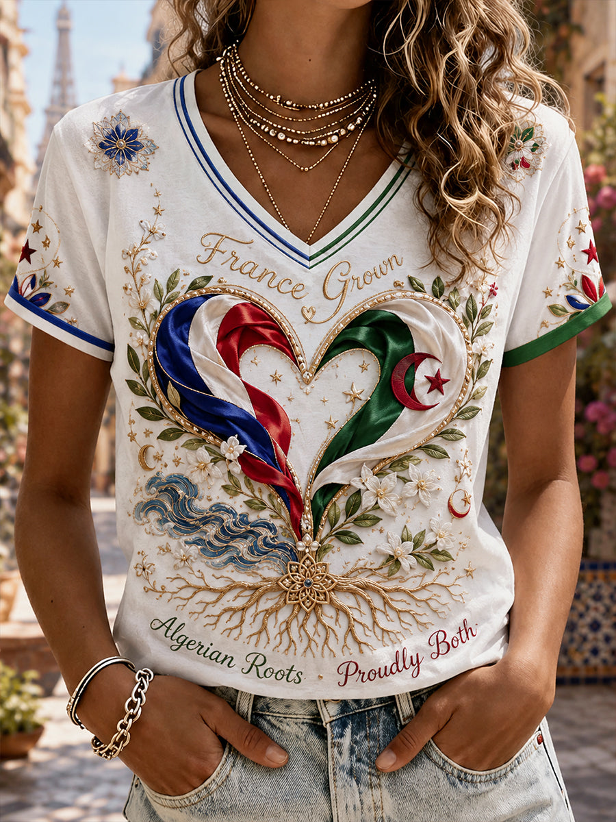 T-shirt à col en V FRANCE · Racines algériennes · Fiers des deux femmes