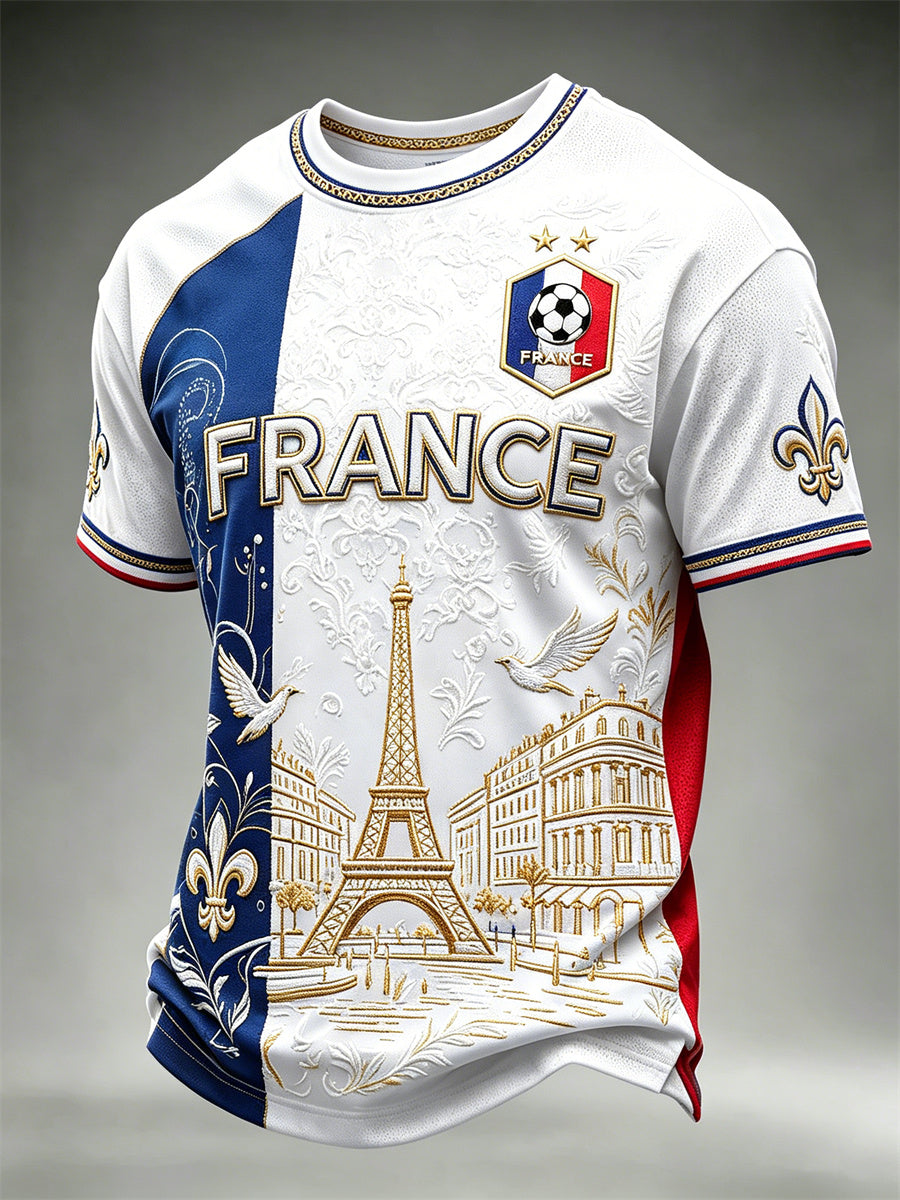 T-shirt à manches courtes pour hommes France Football Paris Scene Flag Colorblock Print