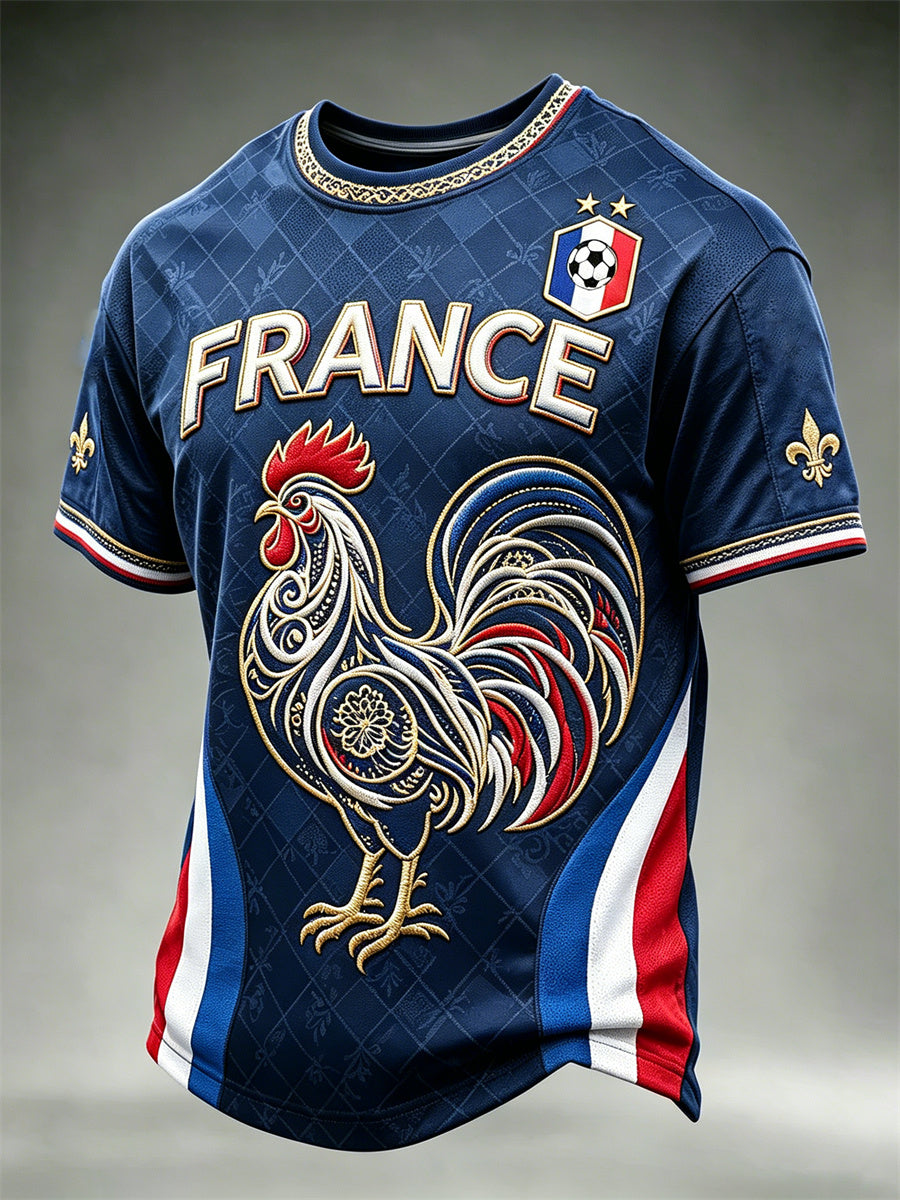 T-shirt manches courtes pour hommes France Football Coq Drapeau Floral Imprimé