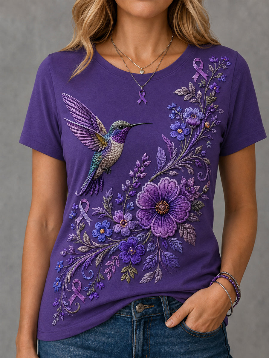 T-shirt de soutien à la sensibilisation à la maladie d’Alzheimer pour femmes, imprimé floral violet et colibris