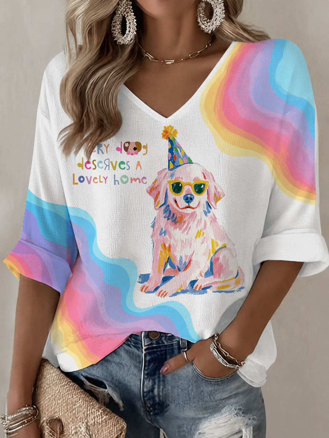 T-shirt Rainbow Dog Waffle Femme