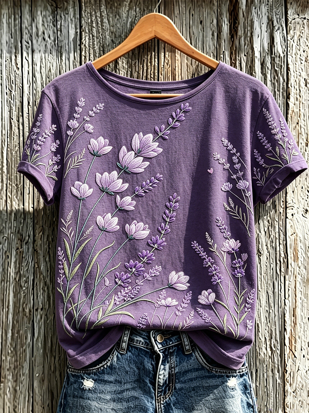 T-shirt décontracté à manches courtes pour femme, imprimé motif plantes et fleurs violet